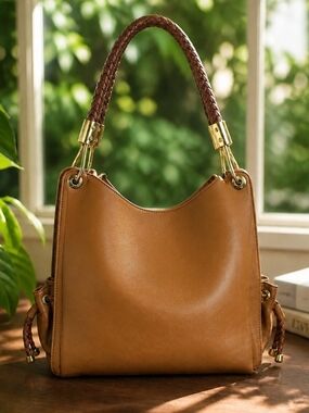 MICHAEL KORS Classic Tan Leather Hobo Bag with Braided Handle & Side Ties